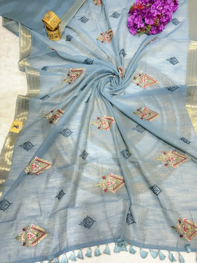NEELAM TRADERS NEW LAUNCH Partywear saree with kasida butta work all over in cotton fabric with zari weaving border
