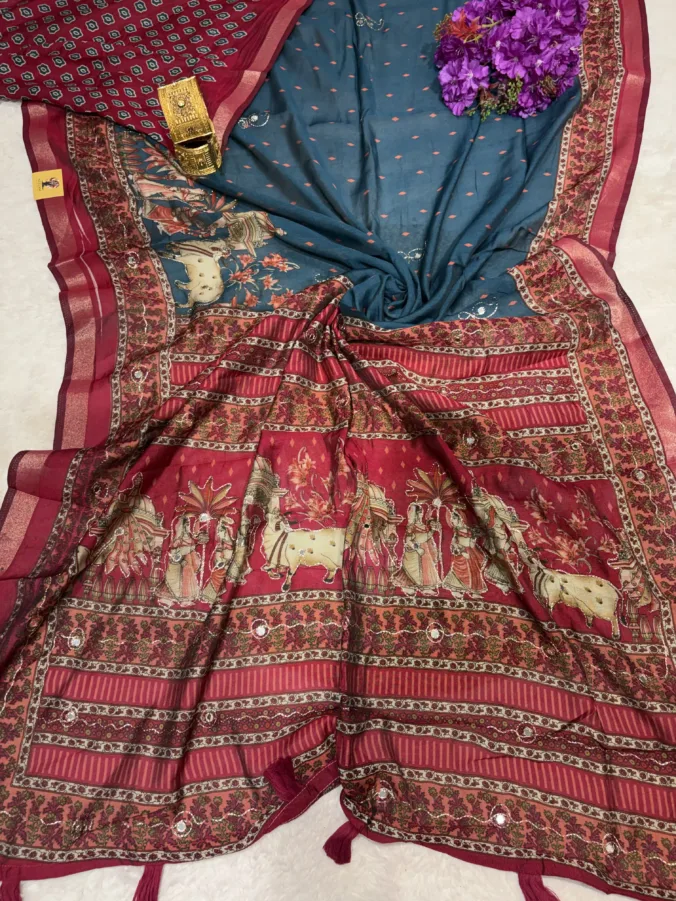 NEELAM TRADERS NEW LAUNCH KALAMKARI SAREE WITH MIRROR AND THREAD WORK ALL OVER IN MUL COTTON FABRIC