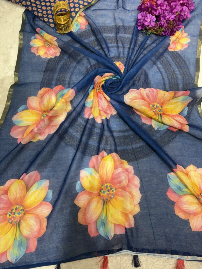 NEELAM TRADERS NEW LAUNCH Heavy Zari Weaving Border Saree with Floral Design in Soft Cotton Linen Fabric
