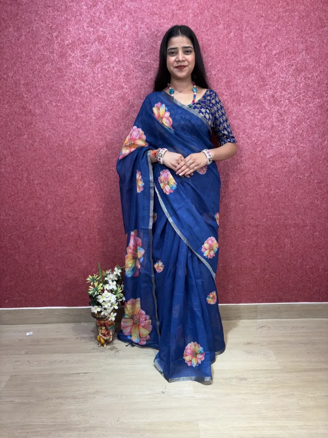 NEELAM TRADERS NEW LAUNCH Heavy Zari Weaving Border Saree with Floral Design in Soft Cotton Linen Fabric