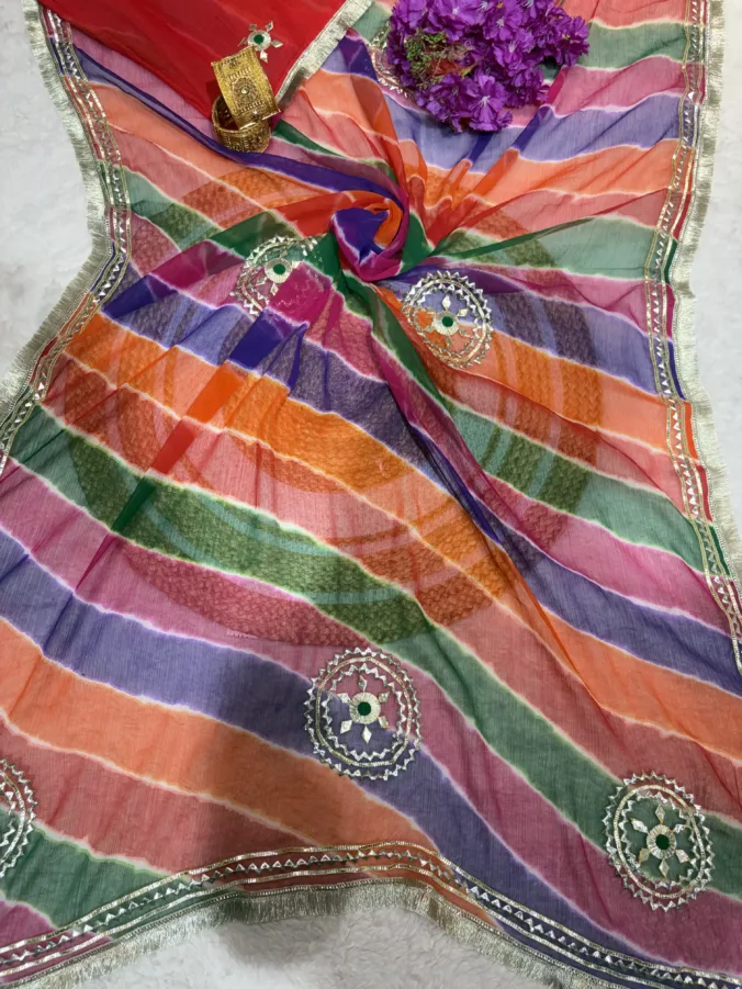 NEELAM TRADERS NEW LAUNCH TRENDING Pachranga saree with kacha gotta and kiran less work all over in soft chiffon fabric