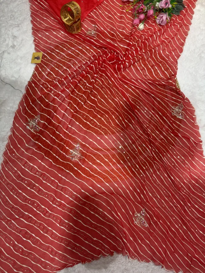 NEELAM TRADERS NEW LAUNCH TRENDING Orignal Chiffon fabric lehariya saree with hand kasab and aari work all over