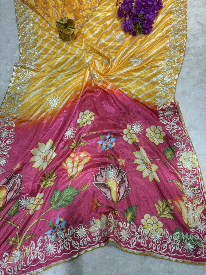 NEELAM TRADERS NEW LAUNCH Lehariya design saree with kalamkari pallu and pittan work all over in soft silk fabric