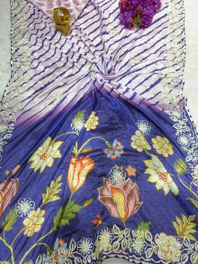 NEELAM TRADERS NEW LAUNCH Lehariya design saree with kalamkari pallu and pittan work all over in soft silk fabric