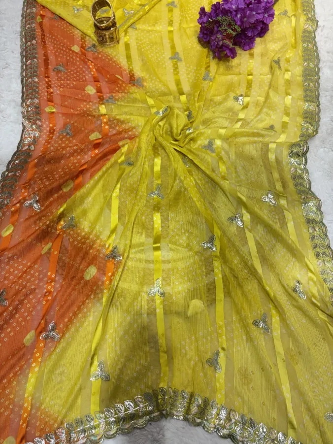 NEELAM TRADERS NEW LAUNCH Bandhej saree in soft chiffon fabric with new thread work kasida work all over