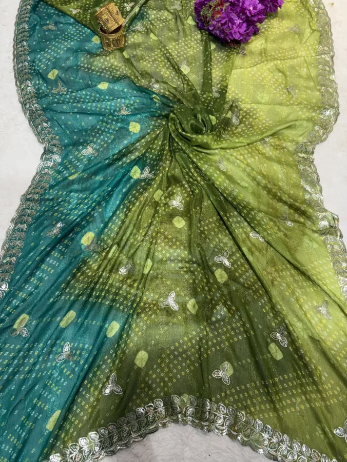 NEELAM TRADERS NEW LAUNCH Bandhej saree in soft chiffon fabric with new thread work kasida work all over
