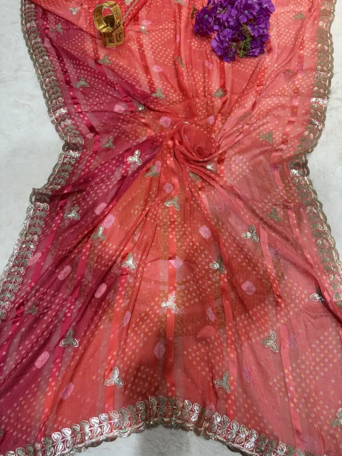 NEELAM TRADERS NEW LAUNCH Bandhej saree in soft chiffon fabric with new thread work kasida work all over