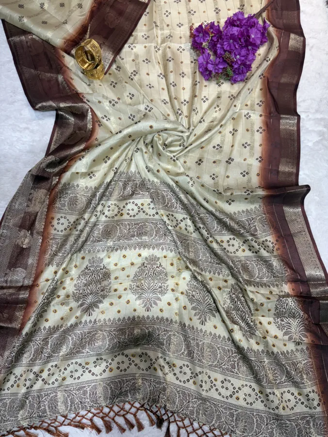 NEELAM TRADERS NEW LAUNCH Trending Ivory colour bandhej saree with figure zari border in soft goergett fabric
