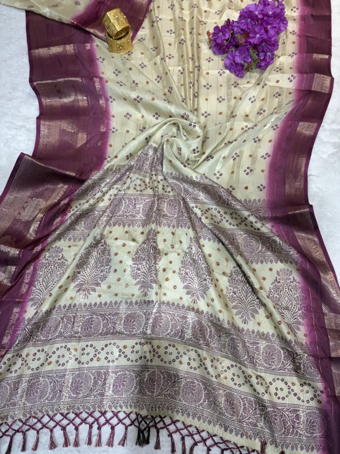 NEELAM TRADERS NEW LAUNCH Trending Ivory colour bandhej saree with figure zari border in soft goergett fabric
