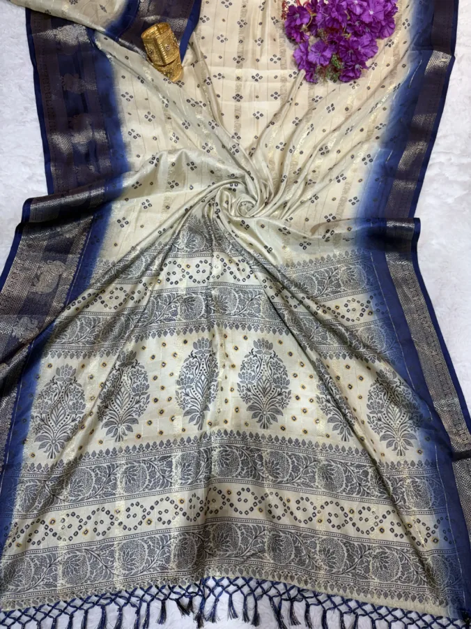 NEELAM TRADERS NEW LAUNCH Trending Ivory colour bandhej saree with figure zari border in soft goergett fabric