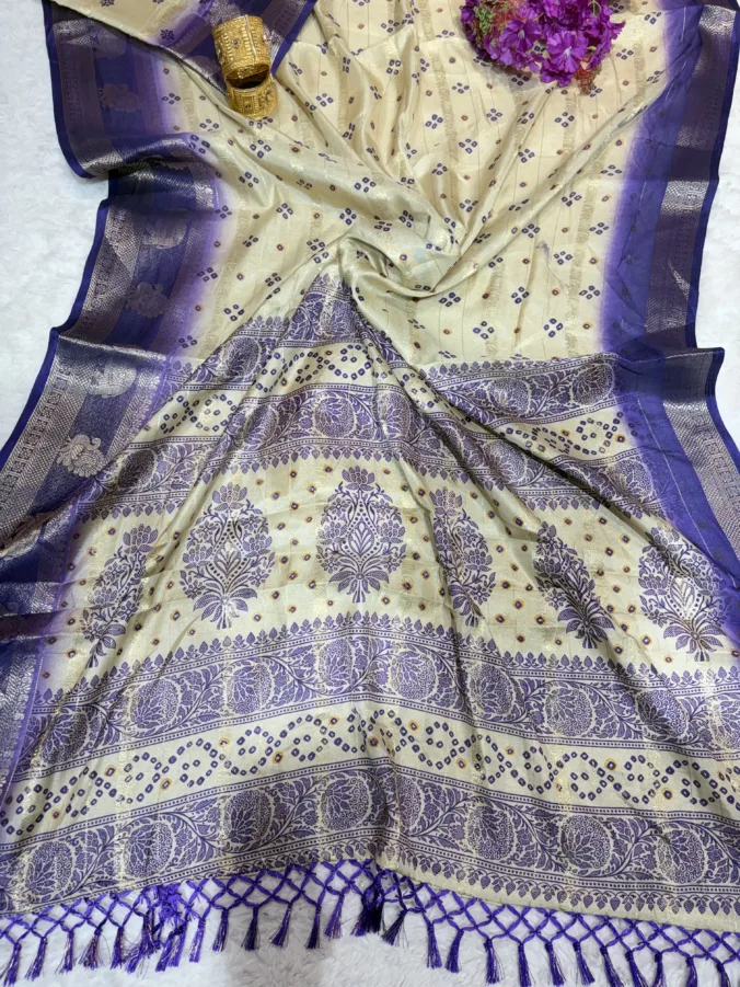 NEELAM TRADERS NEW LAUNCH Trending Ivory colour bandhej saree with figure zari border in soft goergett fabric