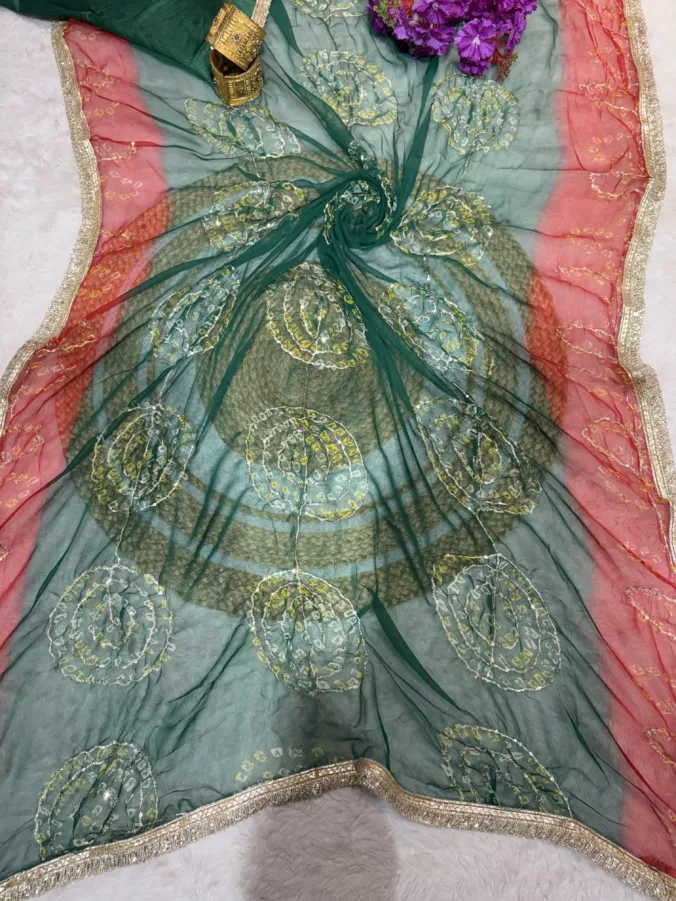NEELAM TRADERS NEW LAUNCH Trending bandhej saree with thread work and kiran less all over in Chiffon fabric