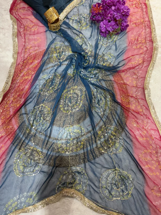NEELAM TRADERS NEW LAUNCH Trending bandhej saree with thread work and kiran less all over in Chiffon fabric