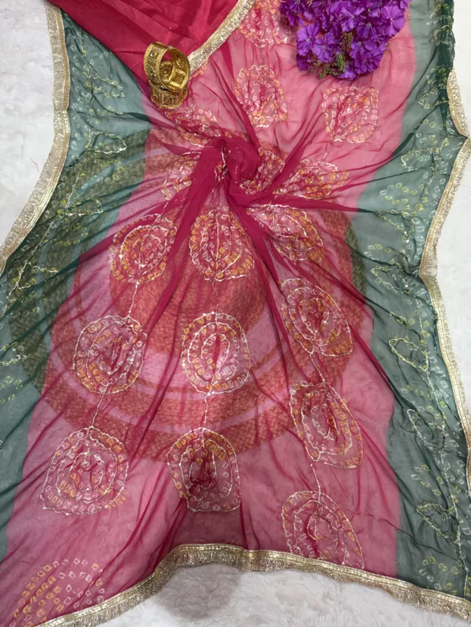 NEELAM TRADERS NEW LAUNCH Trending bandhej saree with thread work and kiran less all over in Chiffon fabric