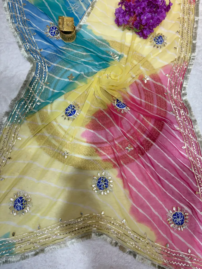 NEELAM TRADERS NEW LAUNCH TRENDING Lehariya saree with orignal kacha gotta work with bandhej patch and kiran less in pure chiffon fabric