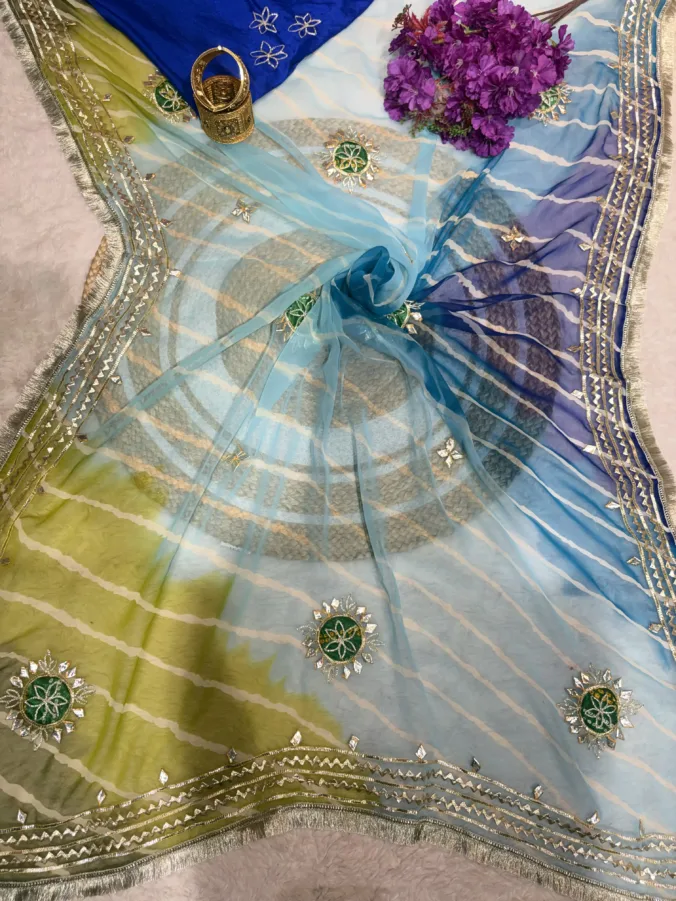 NEELAM TRADERS NEW LAUNCH TRENDING Lehariya saree with orignal kacha gotta work with bandhej patch and kiran less in pure chiffon fabric