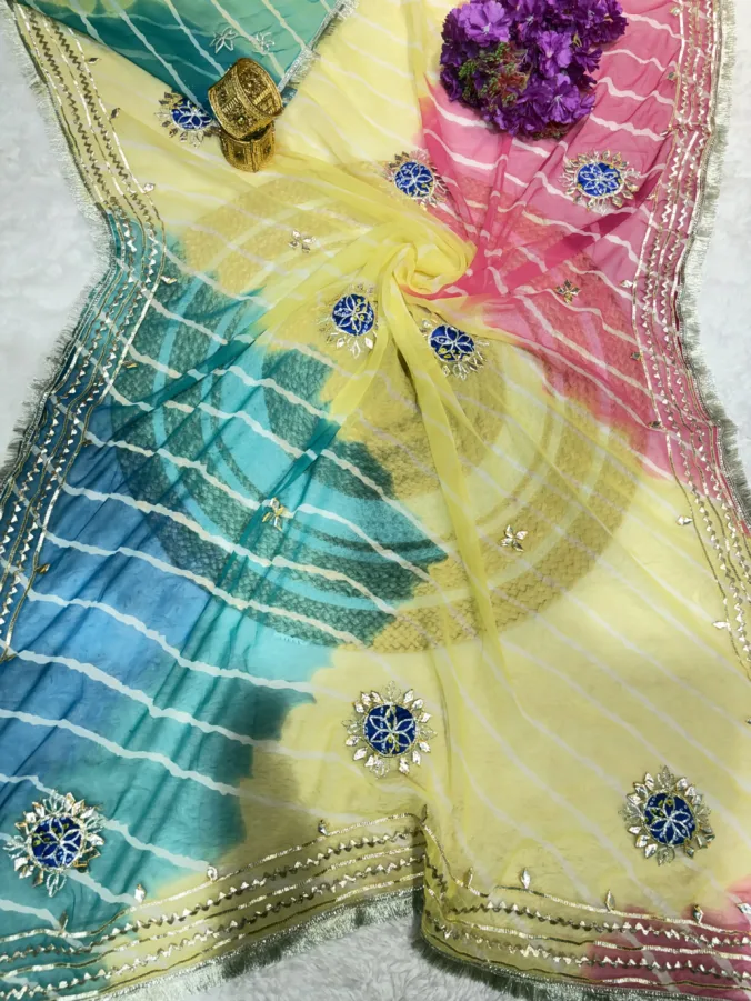 NEELAM TRADERS NEW LAUNCH TRENDING Lehariya saree with orignal kacha gotta work with bandhej patch and kiran less in pure chiffon fabric