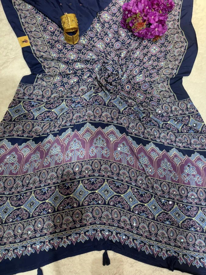 NEELAM TRADERS NEW LAUNCH TRENDING Ajrak print saree with mirror work all over in soft silk fabric