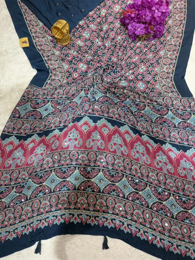 NEELAM TRADERS NEW LAUNCH TRENDING Ajrak print saree with mirror work all over in soft silk fabric