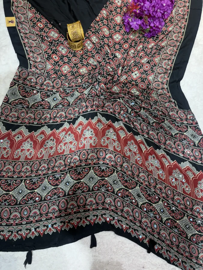 NEELAM TRADERS NEW LAUNCH TRENDING Ajrak print saree with mirror work all over in soft silk fabric
