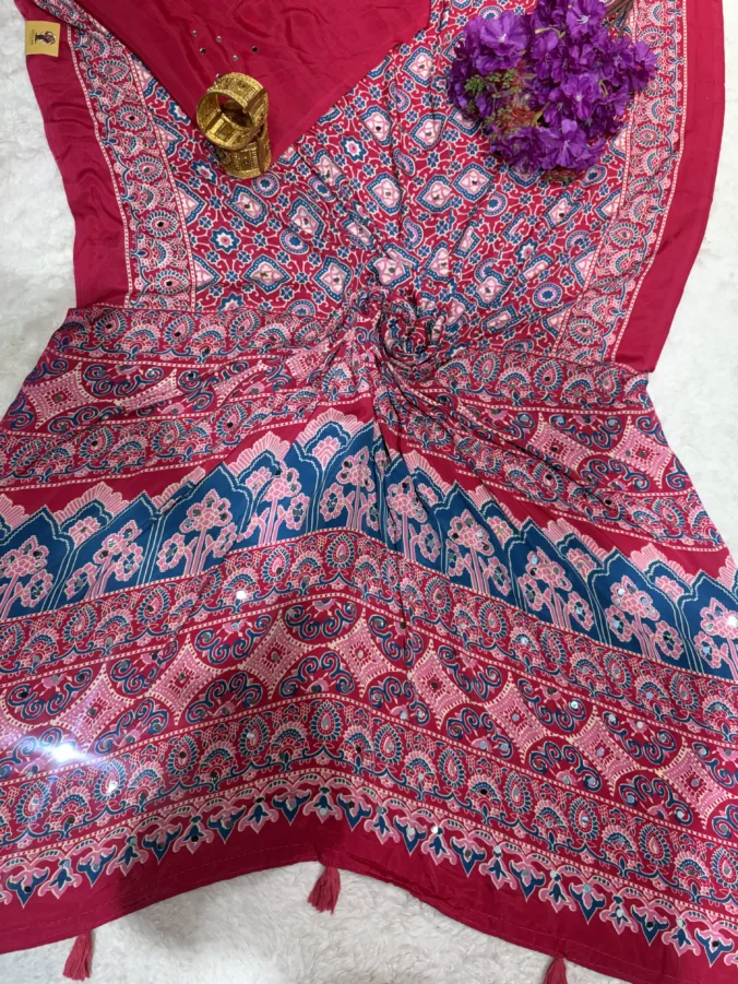 NEELAM TRADERS NEW LAUNCH TRENDING Ajrak print saree with mirror work all over in soft silk fabric