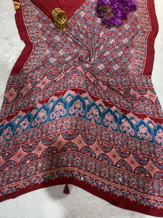 NEELAM TRADERS NEW LAUNCH TRENDING Ajrak print saree with mirror work all over in soft silk fabric