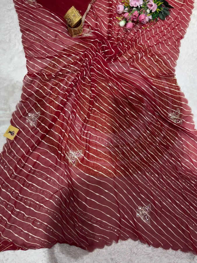 NEELAM TRADERS NEW LAUNCH TRENDING Orignal Chiffon fabric lehariya saree with hand kasab and aari work all over