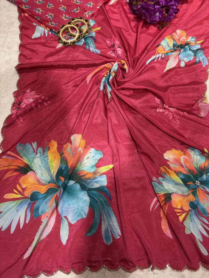 NEELAM TRADERS NEW LAUNCH TRENDING Chinon hand paint saree with applic work all over in soft chinon silk fabric