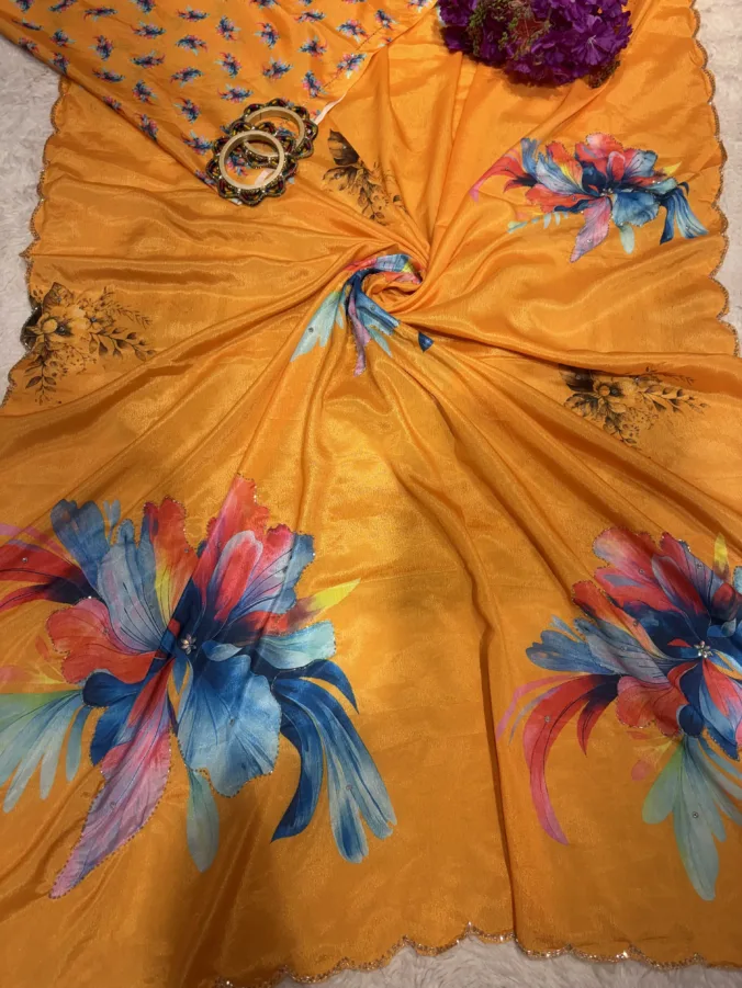 NEELAM TRADERS NEW LAUNCH TRENDING Chinon hand paint saree with applic work all over in soft chinon silk fabric