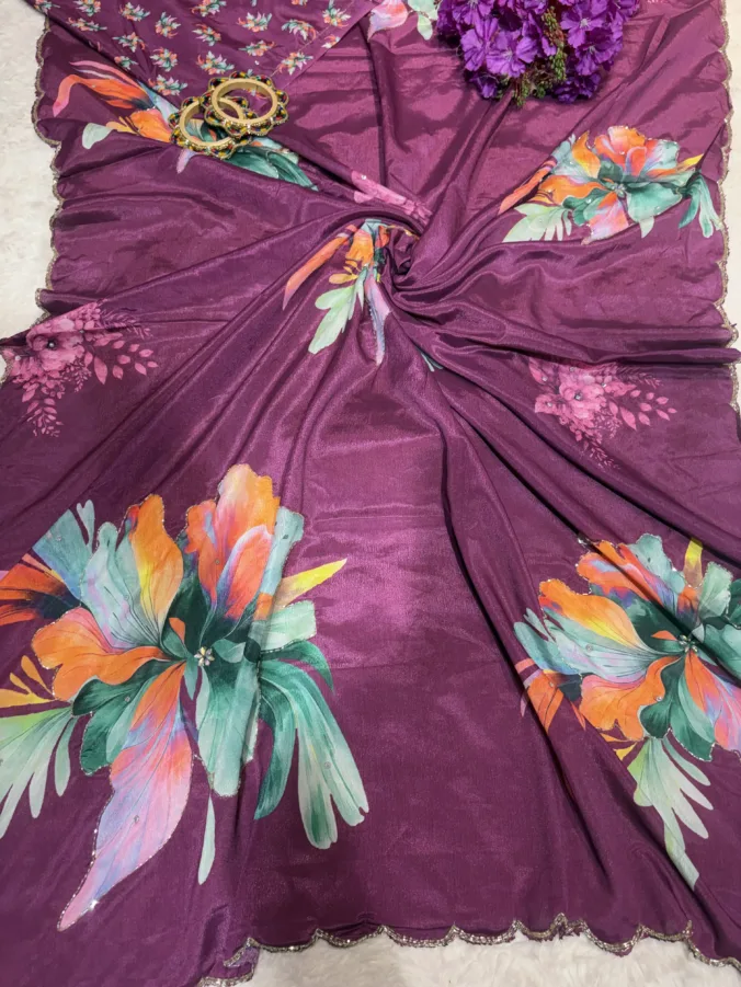 NEELAM TRADERS NEW LAUNCH TRENDING Chinon hand paint saree with applic work all over in soft chinon silk fabric