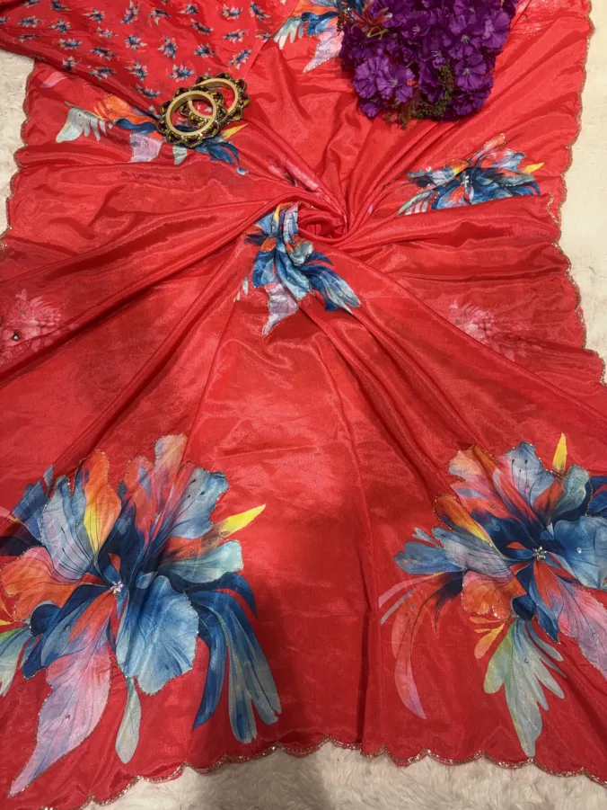 NEELAM TRADERS NEW LAUNCH TRENDING Chinon hand paint saree with applic work all over in soft chinon silk fabric