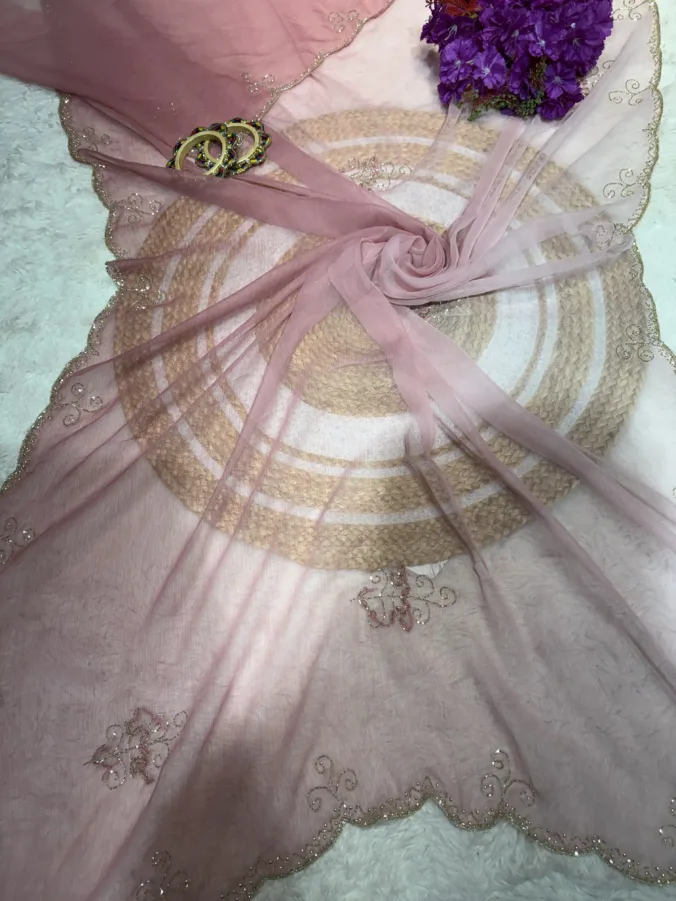NEELAM TRADERS NEW LAUNCH TRENDING Girlish saree with light to dark shade and hand applic katdana work all over in soft Chiffon Fabric