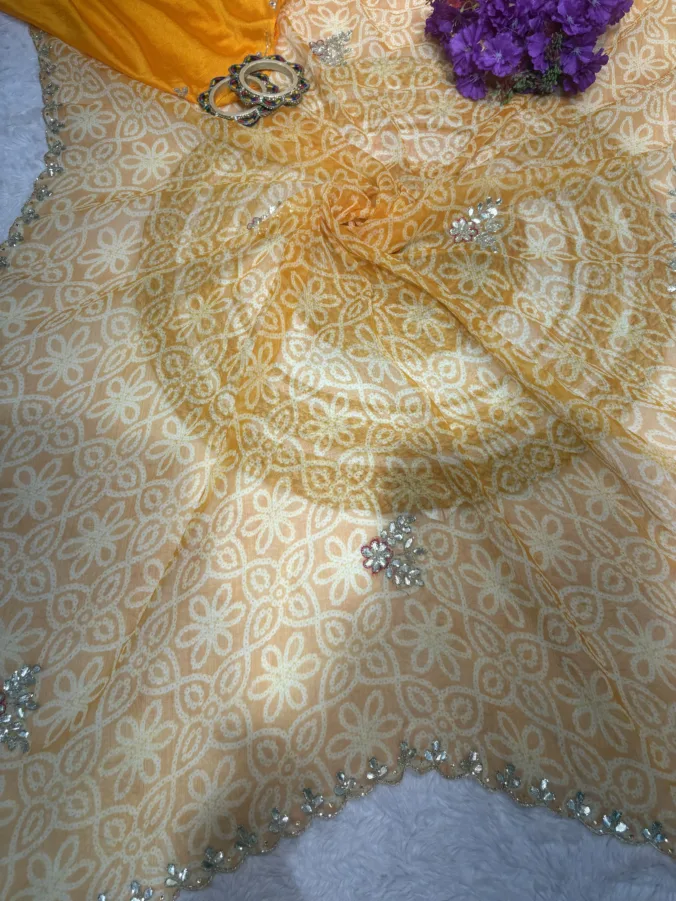 NEELAM TRADERS NEW LAUNCH TRENDING Bandhej saree with hand applic cutdana work all over in siffon fabric