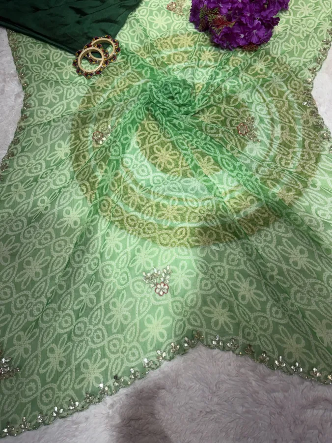 NEELAM TRADERS NEW LAUNCH TRENDING Bandhej saree with hand applic cutdana work all over in siffon fabric