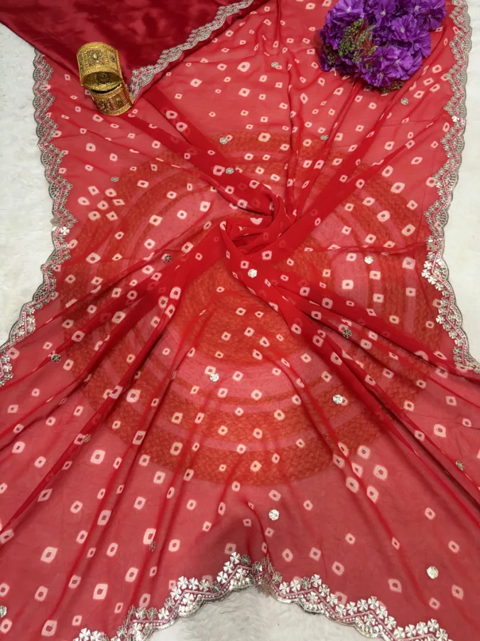NEELAM TRADERS NEW LAUNCH Bandhej saree with gota patti work In soft georgette fabric