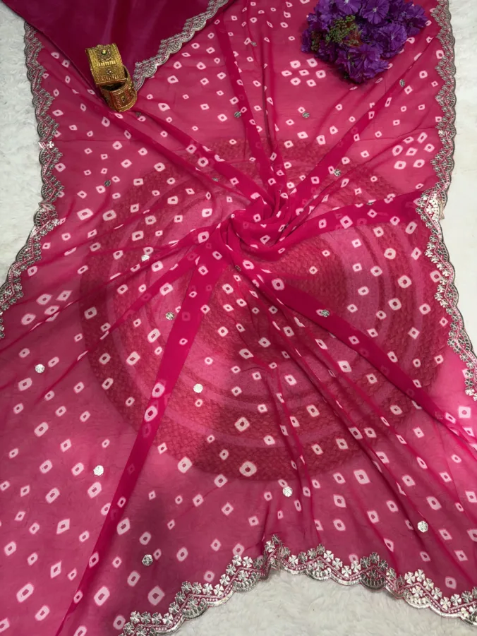 NEELAM TRADERS NEW LAUNCH Bandhej saree with gota patti work In soft georgette fabric