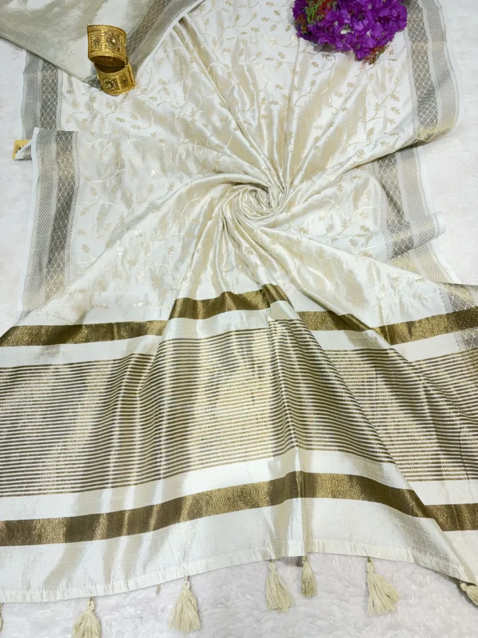 NEELAM TRADERS NEW LAUNCH Partywear Kasida work saree in trending off white colour in soft silk fabric
