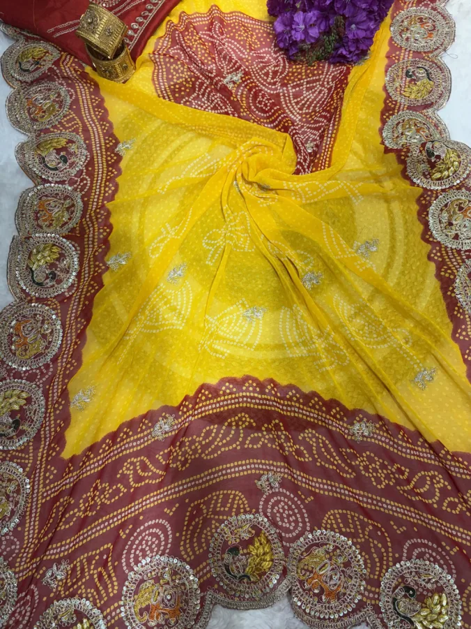 NEELAM TRADERS NEW LAUNCH Bandhej pilla and pomcha saree with handmaid figure aari work in soft georgette fabric