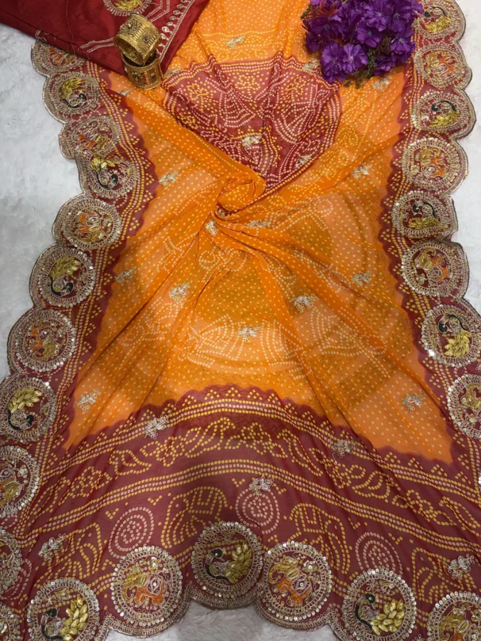 NEELAM TRADERS NEW LAUNCH Bandhej pilla and pomcha saree with handmaid figure aari work in soft georgette fabric