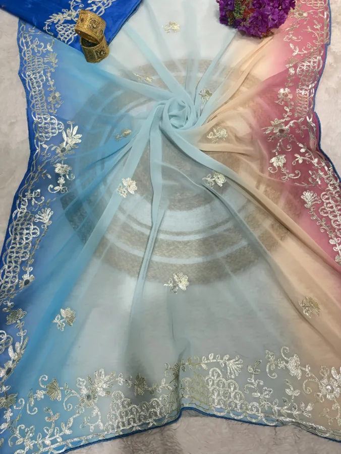 NEELAM TRADERS NEW LAUNCH Multicolour saree with Kacha gotta work all over in soft georgette fabric