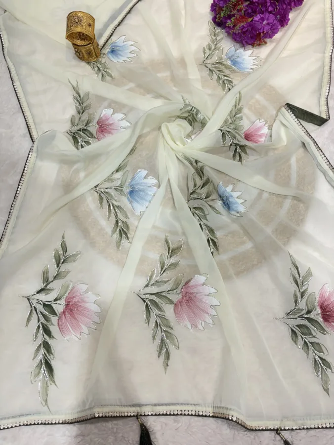 NEELAM TRADERS NEW LAUNCH Handpaint saree in trending Off white colour in soft georgette fabric