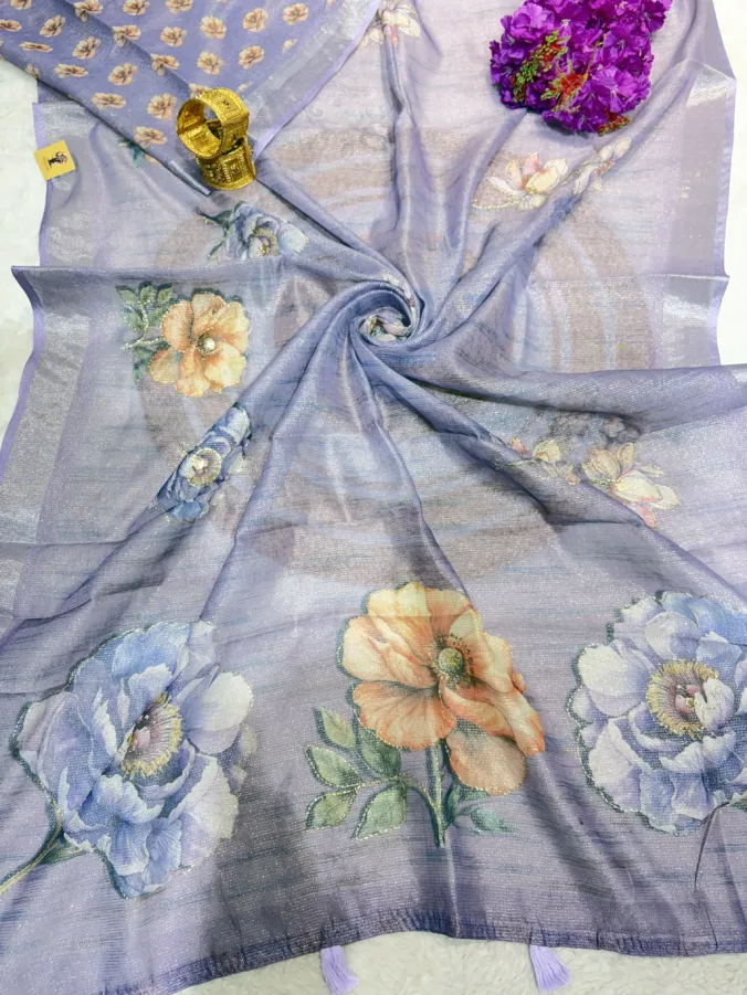 NEELAM TRADERS NEW LAUNCH Flower print saree with thread work all over in soft simmer silk fabric