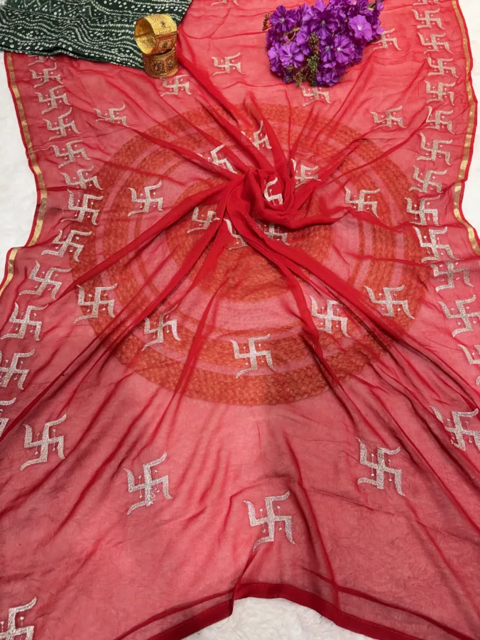 NEELAM TRADERS NEW LAUNCH Swastik saree in soft georgette fabric with bandhej blouse