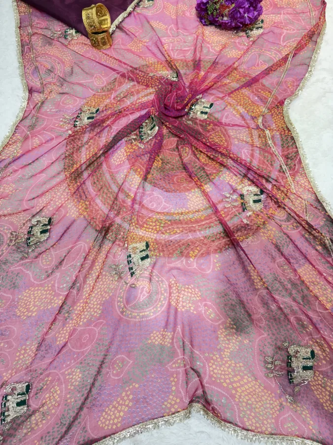 NEELAM TRADERS NEW LAUNCH Shekhawati bandhej saree with hand kardana work all over in sodt chffon fabric