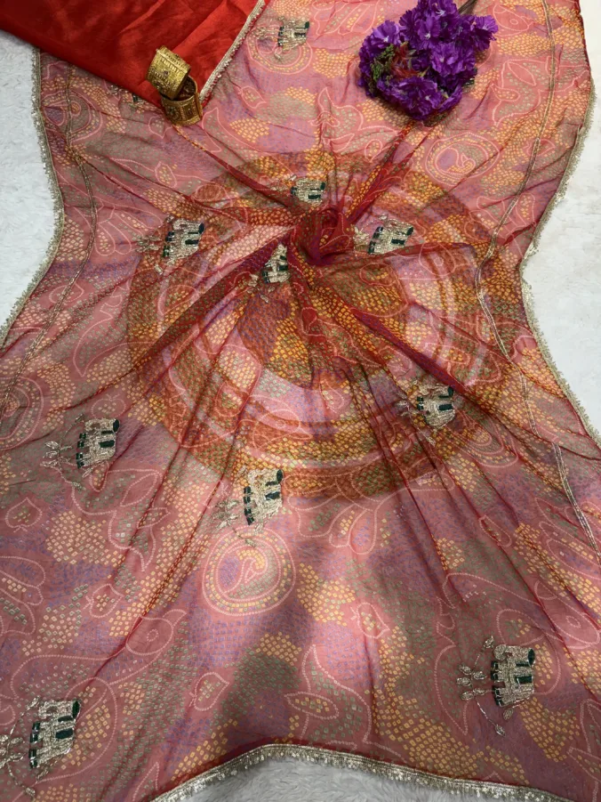 NEELAM TRADERS NEW LAUNCH Shekhawati bandhej saree with hand kardana work all over in sodt chffon fabric