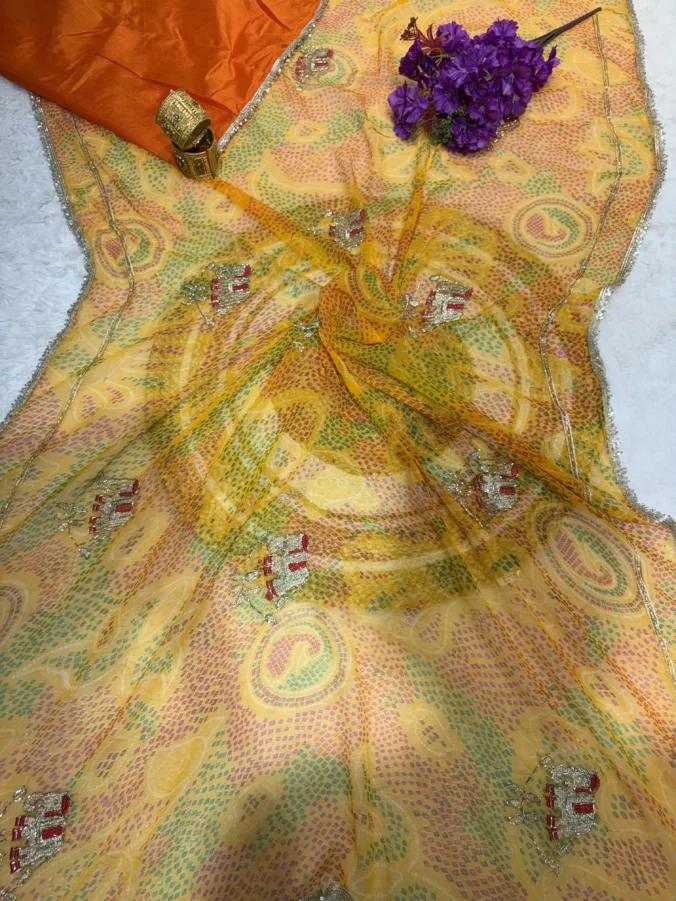 NEELAM TRADERS NEW LAUNCH Shekhawati bandhej saree with hand kardana work all over in sodt chffon fabric