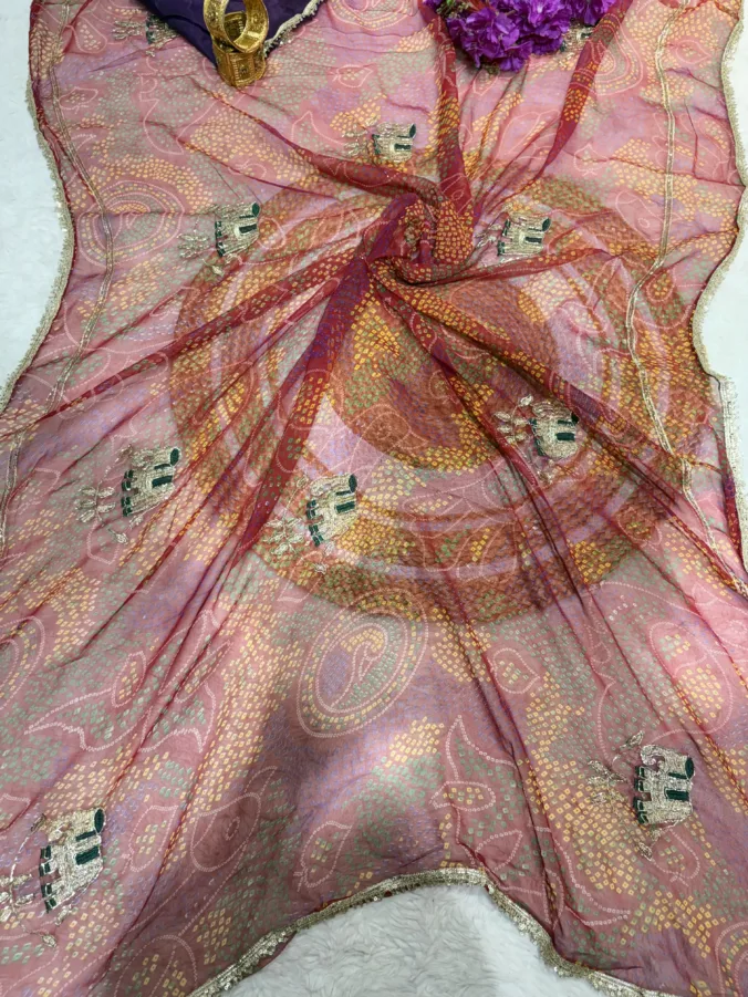 NEELAM TRADERS NEW LAUNCH Shekhawati bandhej saree with hand kardana work all over in sodt chffon fabric
