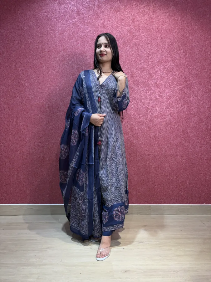 Vibrant blue 3-Piece anarkali suit with front dori Everday elegance