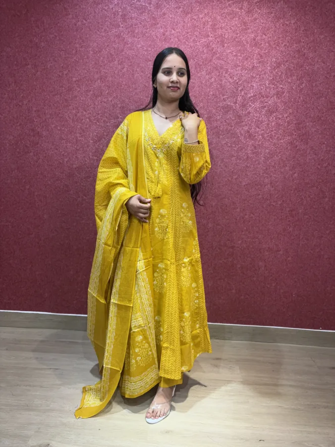 Stylish yellow 3-piece anarkali suit with elegant neck work and gracefully designed