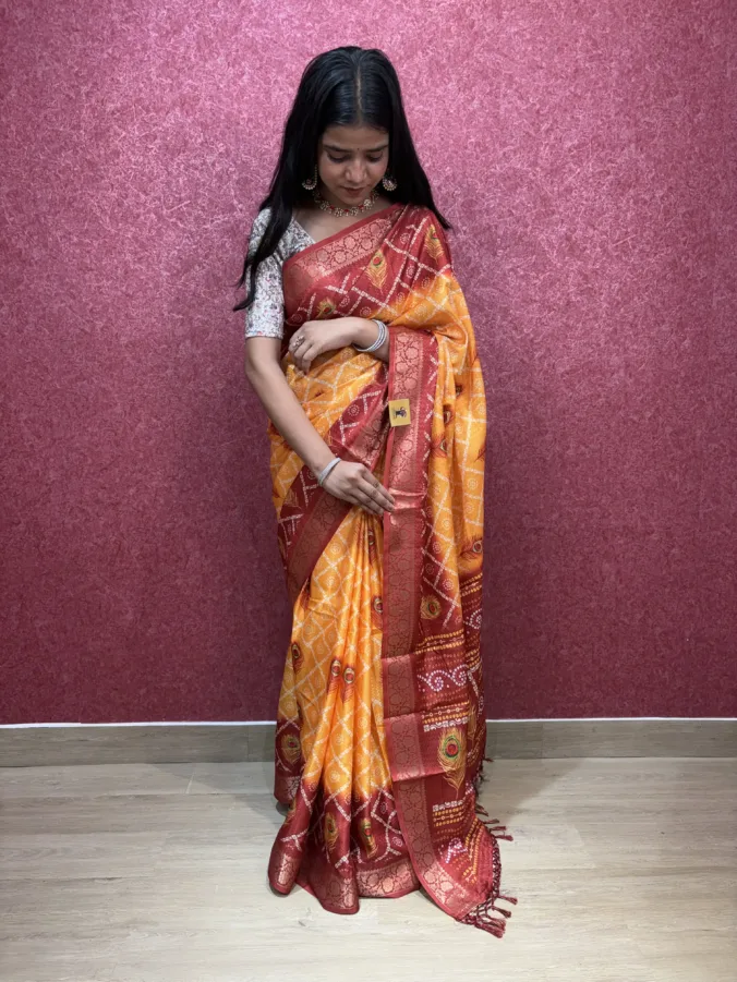 NEELAM TRADERS NEW LAUNCH TRENDING Red yellow special saree with more pankh print and gharchola pattern in soft silk fabric
